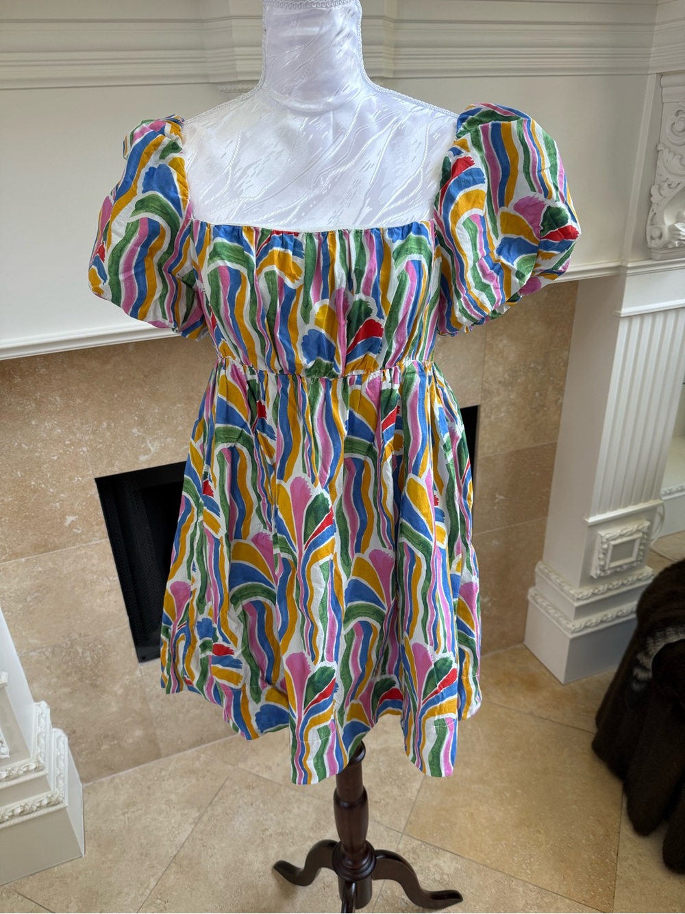 TCEC Multicolor Striped Puff-Sleeve Mini Dress - Yellow, Blue, Pink, Green, Red